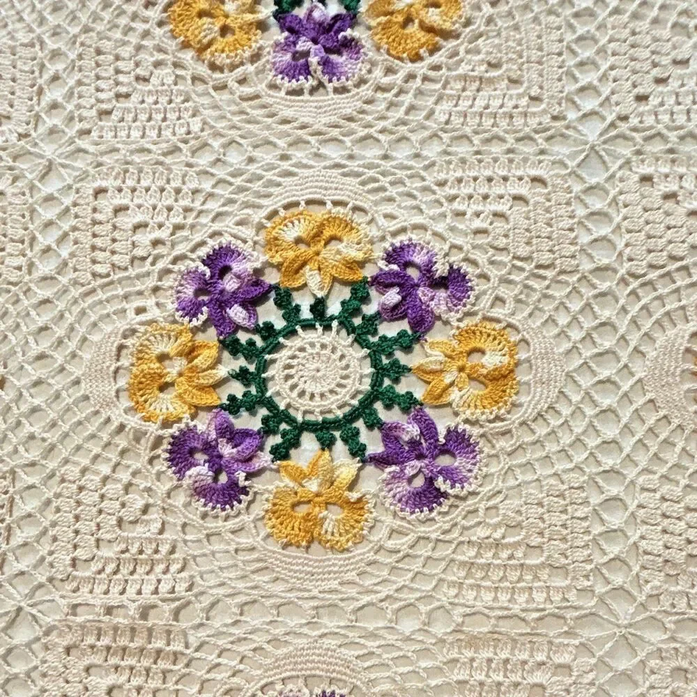Vint Handmade Crochet Granny Square Bedspread Blanket Floral Purple Gold 82x62